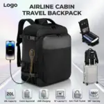 Cabin Backpack With USB Charging Port, 40x20x25cm - 20L - 14 Inch Laptop Fit, Under Seat Carry On, Anti-Theft Pocket, 180° Opening, Water-Resistant Travel Bag | BLACK