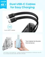 Anker Zolo 10K 35W Power Bank, 10000mAh Portable Fast Charger, Dual Built-In USB-C Cables, 4-Device Charging, USB-C & USB-A Ports , Compact | Black - Image 3