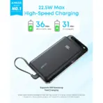 Anker Zolo 10000mAh 22.5W Fast Charging Power Bank, Built-In USB-C Cable, ActiveShield 3.0, Pass-Through Charging, USB-C & USB-A Ports | Black - Image 3