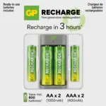 GP Recharge E221 USB Battery Charger Kit | 2-Slot AA/AAA NiMH Charger | Includes 2x AA 1000mAh & 2x AAA 400mAh Rechargeable Batteries | USB Powered