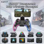 Havit G180BT Transparent RGB Wireless Gamepad, Bluetooth 5.0 + EDR, Dual Vibration, 800mAh Battery, 5–10 Hours, For Android, Windows, And Smart TVs.