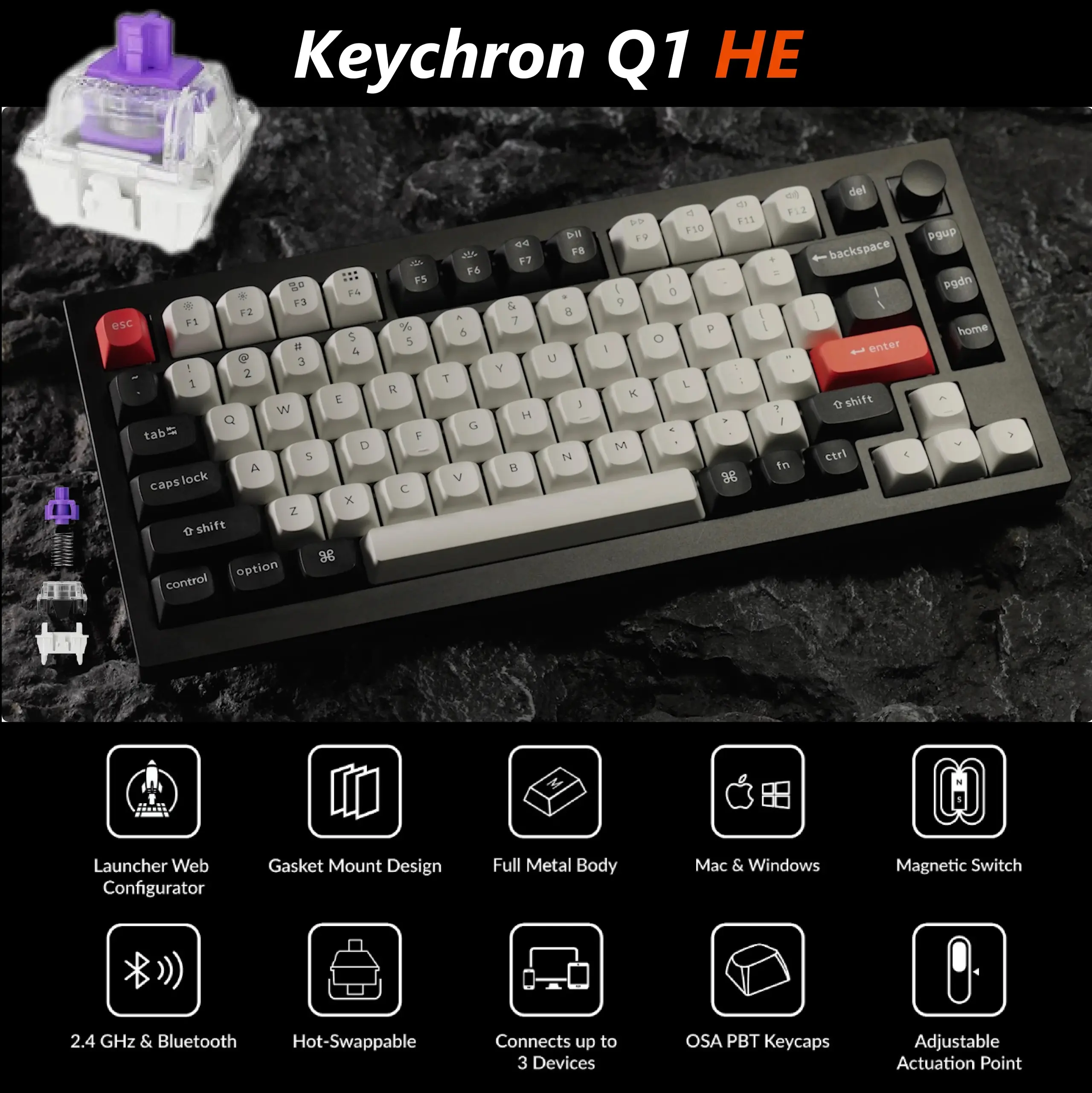 Keychron-Q1-HE-11wetwet.webp Keychron Q1 HE QMK Wireless Custom 75% Layout Metal RGB Keyboard with Hall Effect Gateron Double-rail Magnetic Nebula Switches ; 1000 Hz 2.4 GHz Mode or Bluetooth 5.1 for up to 3 Device Connectivity , 0.2 mm to 3.8 mm Adjustable Actuation Points ; Dynamic Rapid Trigger ; Four Actions Per Key ; OSA Profile PBT Keycaps ; Windows and macOS | CARBON BLACK Q1H-M1 - Image 1