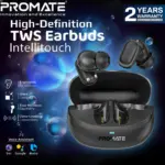 Promate Lush-Pro IntelliTouch True Wireless Earbuds With Bluetooth 5.4, Dual Mic Clarity, 36H Battery Life, IPX4 Water Resistance, 10mm Drivers & Ergonomic Fit | MATTE OBSIDIAN