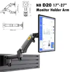 NB D20 Monitor Wall Mount Arm – 17"–27" Display Support, 360° Rotation, Tilt +35°/-50°, 2–7kg Load, Partition Wall Gas Strut Monitor Mount , VESA 75/100mm, Cable Management, Aluminum Steel Build