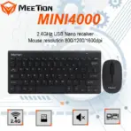 MEETION MINI4000 2.4 GHz WIRELESS COMBO Keyboard & Mouse Set ; Plug & Play USB Nano Receiver ; Mute Button Design ; 800-1200-1600 Adjustable DPI Switch ; 12 Multimedia Keys ; Mute Button Design ; Win XP/Vista/7/8/10/11/MAC OS | BLACK