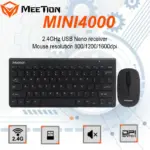 MEETION MINI4000 2.4 GHz WIRELESS COMBO Keyboard & Mouse Set ; Plug & Play USB Nano Receiver ; Mute Button Design ; 800-1200-1600 Adjustable DPI Switch ; 12 Multimedia Keys ; Mute Button Design ; Win XP/Vista/7/8/10/11/MAC OS | BLACK