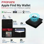 PROMATE ProWallet - Apple Find My Wallet - With Bluetooth 5.2, RFID Blocking, 110mAh Battery, Wireless Charging, ≥90dB Speaker, Premium Leather Anti-Lost Design | BLACK 