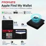 PROMATE ProWallet - Apple Find My Wallet - With Bluetooth 5.2, RFID Blocking, 110mAh Battery, Wireless Charging, ≥90dB Speaker, Premium Leather Anti-Lost Design | BLACK 