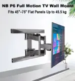 NB P6 Full Motion TV Wall Mount  Fits 45″–75″ Flat Panels ; Load Up to 45.5 kg ; Tilt +5°/-3°, Swivel 50°–80°, Rotate ±4° ; Retractable 52–380 mm ; VESA 200×200–600×400 mm