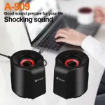 KISONLI A-909 USB 2.0 Stereo Wired Speaker – Dual 3W Drivers, AUX + USB Input, Compact Plastic Build, 5V Power, 4Ω Impedance, Plug & Play, Black