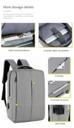 Slim Multifunctional Laptop Backpack - Waterproof - Recharge USB Port  - Shock Protection for Electronics - Inner Pocket Compartments Practical for Business Travel , University & School - Grey - Image 13