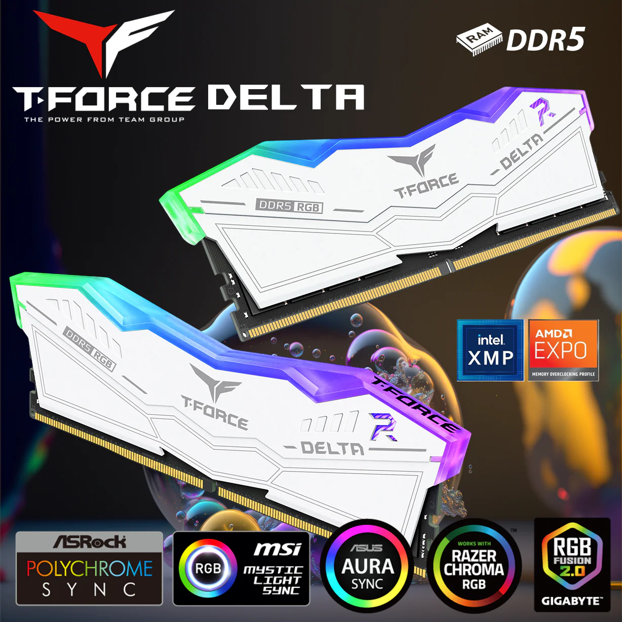 Team-T-Force-Delta-RGB-32GB.webp Team Group T-Force Delta RGB DDR5 8GB RAM White Kit (2x 8GB) 288-Pin 6000MT/s PC5-48000 CL38 1.25V Intel XMP 3.0 & AMD EXPO Desktop Memory | WHITE ~ FF4D516G6000HC38ADC01 - Image 1