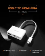 UGREEN USB-C To HDMI + VGA Converter With HDMI 1.4 Support, Dual Display Output, Scratch-Resistant ABS Housing, 15cm Cable, Plug And Play Design | MM123-30843 - Image 4