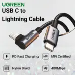 UGREEN USB-C To 90° Angled Lightning Cable 2 meters, MFi Certified, 60W PD Fast Charge, 480Mbps Data, Apple C94 Chip, Nylon Braided Aluminum Shell | US305 60765