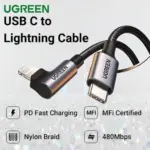 UGREEN USB-C To 90° Angled Lightning Cable 2 meters, MFi Certified, 60W PD Fast Charge, 480Mbps Data, Apple C94 Chip, Nylon Braided Aluminum Shell | US305 60765
