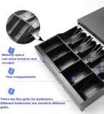 Cash Register Drawer with Under Counter Mounting Bracket - 420mm Black Drawer for POS, 5 Bill 8 Coin Compartment, Fully Removable 2 Tier Cash Tray, 24V RJ11 Key-Lock, Double Media Slot