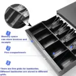 Cash Register Drawer with Under Counter Mounting Bracket - 420mm Black Drawer for POS, 5 Bill 8 Coin Compartment, Fully Removable 2 Tier Cash Tray, 24V RJ11 Key-Lock, Double Media Slot