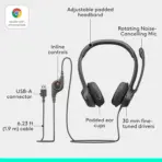 Logitech H390 USB Computer Headset With Digital Stereo Sound, 30mm Drivers, Noise-Canceling Rotating Microphone, Inline Volume & Mute Controls, Leatherette Cushions, Plug-And-Play USB Connection, PC/Mac/Laptop | Black  981-000803 - Image 2