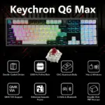 Keychron Q6 Max QMK/VIA Wireless Customizable Mechanical RGB Keyboard with Gateron Jupiter Red Switches 100% Full-size Layout; Full Aluminum Body ; Hot-Swappable Double-shot PBT keycaps ; 256KB Flash Core ; 1000Hz Polling Rate 2.4 GHz wireless, Bluetooth 5.1, and Type-C wired Connectivity ; Double-gasket ; for Mac & Windows 