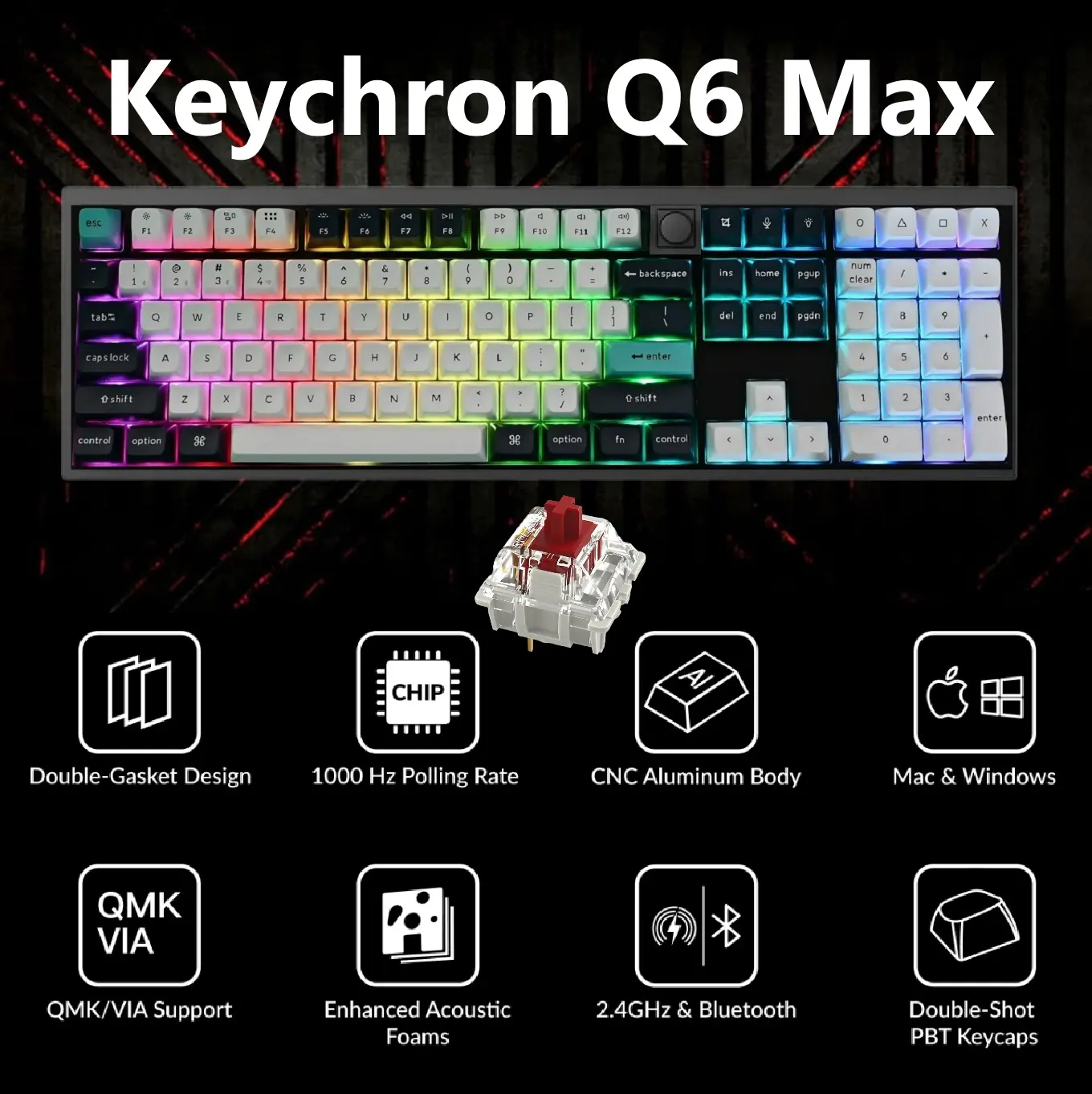 desktop-wallpaper-16-9-backgroundfgjdfgjfdgj-RED.webp Keychron Q6 Max QMK/VIA Wireless Customizable Mechanical RGB Keyboard with Gateron Jupiter Red Switches 100% Full-size Layout; Full Aluminum Body ; Hot-Swappable Double-shot PBT keycaps ; 256KB Flash Core ; 1000Hz Polling Rate 2.4 GHz wireless, Bluetooth 5.1, and Type-C wired Connectivity ; Double-gasket ; for Mac & Windows - Image 1