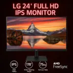LG 24" Full HD IPS Monitor – 75Hz, AMD FreeSync, 5ms, 3-Side Borderless, Reader Mode, Flicker Safe, DAS, Black Stabilizer, Crosshair, Tilt Adjustment