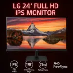 LG 24" Full HD IPS Monitor – 75Hz, AMD FreeSync, 5ms, 3-Side Borderless, Reader Mode, Flicker Safe, DAS, Black Stabilizer, Crosshair, Tilt Adjustment