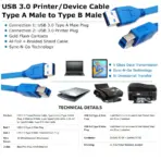 USB 3.0 Printer/Device Cable, 3 meters , Blue, Type A to Type B Male, SuperSpeed 5Gbps, Sync-N-Go, High Power Output, Gold-Plated Connectors, Universal Compatibility - Image 4