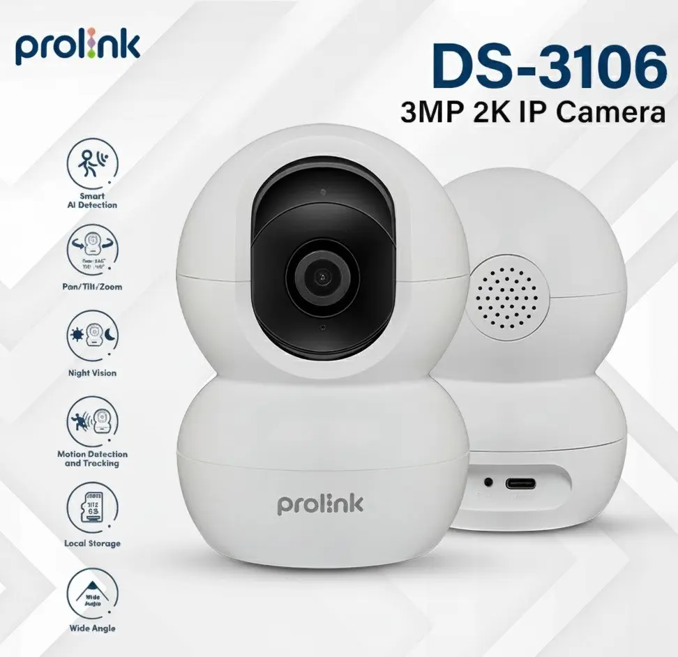 fesdefs.webp Prolink DS-3106 3MP Smart Wi-Fi Home Security Camera – Full HD 2304×1296, AI Detection, Pan/Tilt/Zoom, 2-Way Audio, Night Vision 10m, Onvif Compatible, White - Image 1