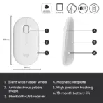 Logitech M350 Pebble Wireless Silent Mouse with Bluetooth or 2.4 GHz Receiver, Slim Computer Mouse with Quiet Clicks, for Laptop/Notebook/iPad/PC/Mac/Chromebook | WHITE  - Image 7