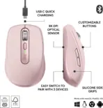 Logitech MX Anywhere 3S – Ultra-Precise 8K DPI Mouse Any-Surface Tracking, MagSpeed Scroll, USB-C Rechargeable, Quiet Clicks, Bluetooth Only, Up to 3 Devices At The Same Time, Works on Glass, Programmable Buttons, Win/macOS/ChromeOS/Linux | ROSE PINK - Image 5