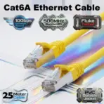 Cat6A Ethernet Cable 25 Meter – 10Gbps 500MHz Network Speed, Fluke Passed LAN Cable With 26AWG Bare Copper Core, Gold Plated RJ45 Connectors, UTP PVC Jacket For PC, Router, PS5, Xbox, TV, CCTV | YELLOW