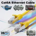 Cat6A Ethernet Cable 25 Meter – 10Gbps 500MHz Network Speed, Fluke Passed LAN Cable With 26AWG Bare Copper Core, Gold Plated RJ45 Connectors, UTP PVC Jacket For PC, Router, PS5, Xbox, TV, CCTV | YELLOW