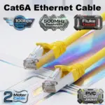 Cat6A Ethernet Cable 2 Meter – 10Gbps 500MHz Network Speed, Fluke Passed LAN Cable With 26AWG Bare Copper Core, Gold Plated RJ45 Connectors, UTP PVC Jacket For PC, Router, PS5, Xbox, TV, CCTV | YELLOW