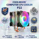 COOLMOON P22 Black CPU Cooler, Dual 90mm Fans, 2 Copper Heatpipes, 48CFM Airflow, 1800RPM, 20dBA, Fixed LED, 3-Pin, Intel/AMD Support 