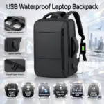 Waterproof Laptop Backpack 15.6-Inch with USB, PU Travel School Bag With 20–39L Capacity, Interior Compartment, Air Cushion Belt, Hard Handle & Zipper Closure | BLACK