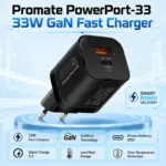 Promate PowerPort-33 33W GaN Fast Charger With Power Delivery & Quick Charge 3.0, Dual Port Compact Adapter, Over-Temperature Protection, Compatible With iPhone, Samsung, OnePlus & MacBook
