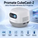 Promate CubeCast-2 Ultra-Portable Wireless DLP Projector With Android 13, 4K@60Hz Support, 100 ANSI Brightness, Auto Keystone, Bluetooth 5.4, 8400mAh Battery, Up To 200" Display
