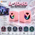Kisonli L-1040 Pink 2.0 USB RGB Speakers, Dual 3W Output, 5V USB Power, 3.5mm Audio Input, 20Hz–20kHz Response, 4Ω Impedance, ≥58dB SNR, Compact ABS Design for PCs and Laptops