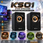 Kisonli KS01 Black Wired Desktop Speakers, Dual 3W Output, 6W Total Power, AUX Audio Connection, USB DC 5V Power, Volume Control, Compact 60 × 65 × 100mm Plastic Design