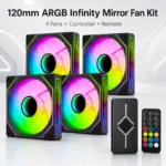 OEM 4-Pack 120mm ARGB Case Fans, Black, Infinity-Mirror Front & Side Lighting, 1200RPM, 38CFM, Hydraulic Bearing, 23dBA, 4-Pin Connection, Controller & Remote Included