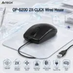 A4Tech OP-620D Black Wired Optical Mouse, 1200 DPI, Four Buttons, Dedicated 2X Double-Click Button, Four-Way Scroll Wheel, USB Plug-and-Play, 150cm Cable