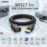 UGREEN 3 meters USB 3.0 Extension Cable, USB-A Male to Female, 5Gbps Data Transfer, Up to 2A Charging, Gold-Plated Connectors, Plug-and-Play | 30127 Black 