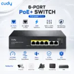 Cudy FS1006P V3.0 6-Port 10/100Mbps PoE+ Switch, 4× IEEE 802.3af/at PoE Ports, 2× Uplink Ports, 65W Supply, 250m Extend Mode, VLAN, Watchdog, Metal Desktop/Wall-Mount Housing