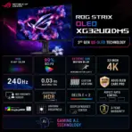 ASUS ROG Strix OLED XG32UQDMS 31.5-Inch 4K QD-OLED Gaming Monitor, 240Hz, 0.03ms, HDR True Black 400, 99% DCI-P3, Dual HDMI 2.1, G-SYNC, FreeSync Premium Pro and OLED Care Pro - Image 2