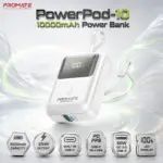Promate PowerPod-10 10000mAh Ultra-Compact 35W SuperSpeed Power Bank With Built-In USB-C Cable, USB-C PD And PPS, 18W QC 3.0 USB-A, Smart LED Display And Multi-Protection, White