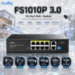 CUDY FS1010P 3.0 10-Port PoE+ Switch, 8× 10/100M PoE+ Ports, 2× FE Uplinks, 120W Supply, 30W/Port, 250m Extend, VLAN, Watchdog, Metal Housing For Surveillance & Smart Building Use.