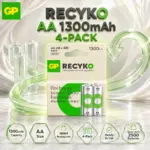 GP Recyko 1300mAh AA NiMH Rechargeable Batteries 4-Pack – Ready-To-Use Reusable Power, Model GP130AAHCER21-2TLB4