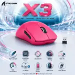 Attack Shark X3 Wireless Gaming Mouse – 49g, PAW3395, 26,000 DPI, 1000Hz, Tri-Mode BT/2.4G/Wired, 650 IPS, 50G, 200H Battery, Kailh GM 8.0, PTFE Skates | Berry Red 