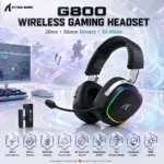 Attack Shark G800 Wireless Gaming Headset – 20ms 2.4GHz, Bluetooth & Wired, 50mm Drivers, 3D Surround, 1000mAh Battery, Detachable AI Mic, RGB and Aluminum Frame | Black
