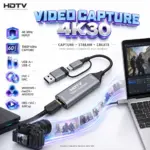 HDTV Video Capture Card, 4K@30Hz Input, 1080p@60Hz Capture Output, USB-A/USB-C, UVC/UAC, 8/10/12-Bit Color, Windows, macOS & Android Support for OBS, VLC and AMCap — Compact Design